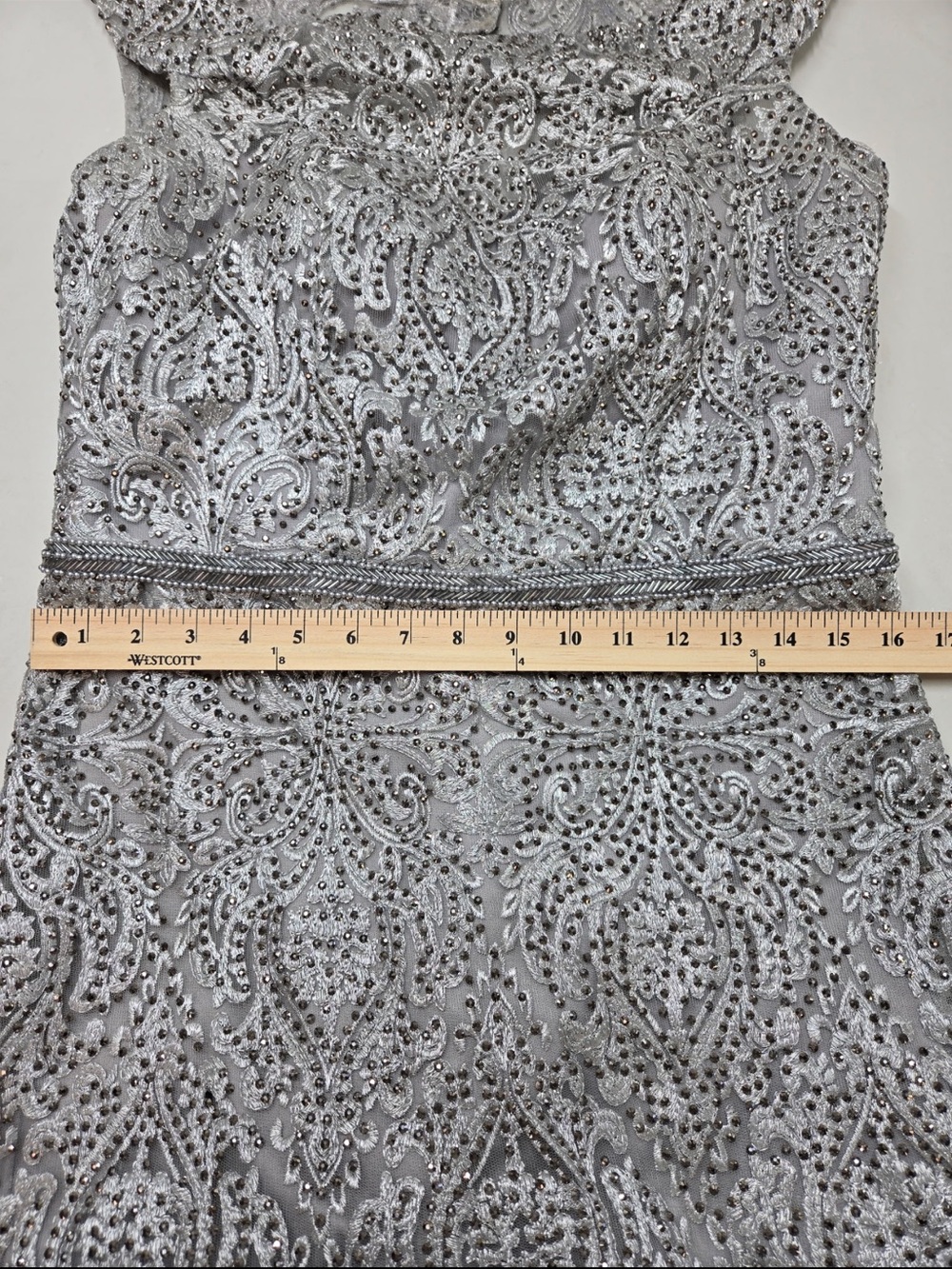 NWT CAMERON BLAKE Mon Cheri 118687 Silver Beaded Lace Formal Gown Size 12 - Picture 12 of 16